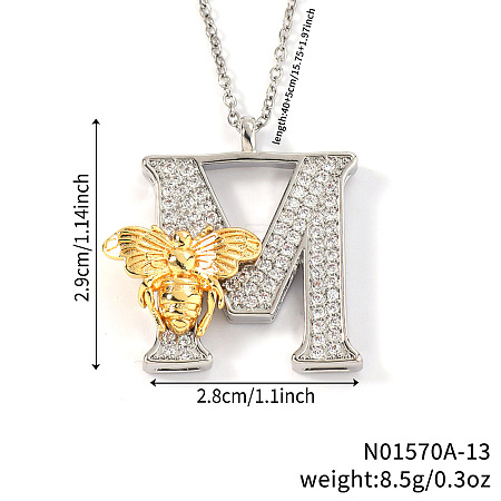 Brass Micro Pave Clear Cubic Zirconia Bee Initial Pendant Necklaces FS-WGF5E80-13-1