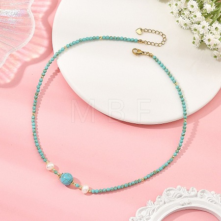 Synthetic Turquoise Round and Natural Cultured Freshwater Pearl Beaded Necklaces NJEW-JN06554-01-1