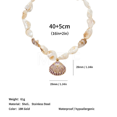 Ocean 304 Stainless Steel Pendant Natural Shell Nuggets Beaded Necklaces for Women WG8D776-05-1