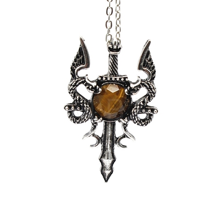 Natural Tiger Eye Dragon Sword Pendant Necklace G-PW0004-67E-1