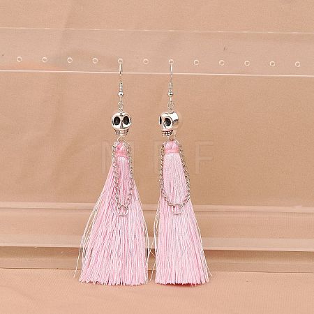 Zinc Alloy Polyester Skull Tassel Dangle Earrings FS-WG69CBD-01-1