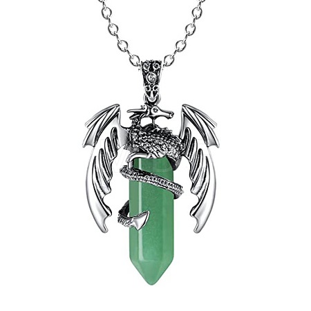 Natural Green Aventurine Bullet with Dragon Pendant Necklace with Zinc Alloy Chains PW-WG99720-02-1
