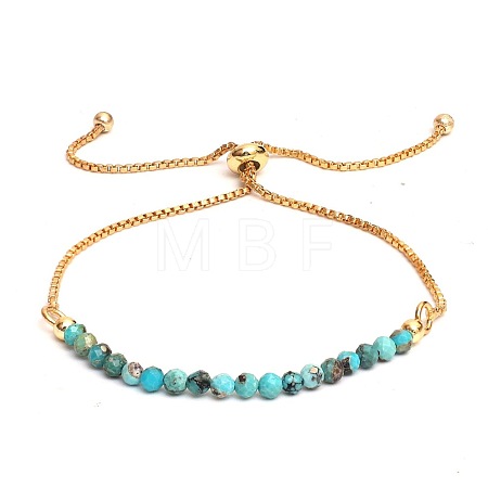 Synthetic Turquoise Faceted Round Beaded Adjustable Brass Box Chain Slider Bracelets for Women QE7421-5-1