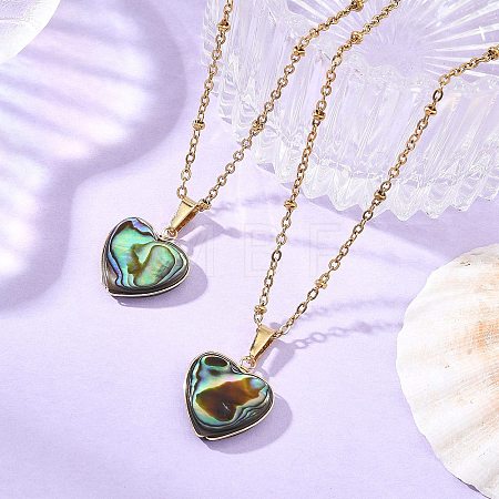 Heart Natural Abalone Shell/Paua Shell Pendant 304 Stainless Steel Satellite Chain Necklaces for Women NJEW-JN06368-1