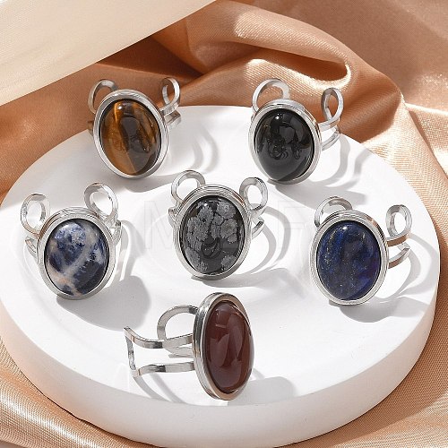 Oval Natural Gemstone Finger Rings RJEW-M062-02P-18-1