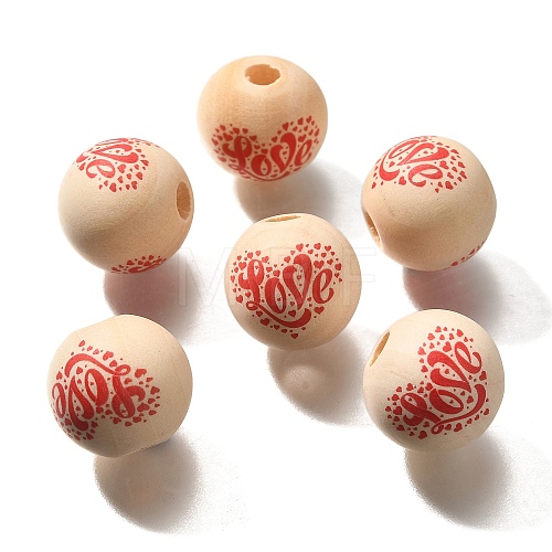 Valentine's Day Element Printed Wood Beads WOOD-R002-01-33-1