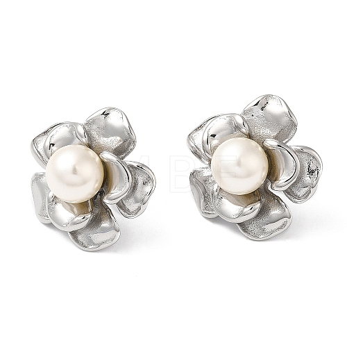 Plastic Pearl Beaded Flower Stud Earrings EJEW-K244-21P-1