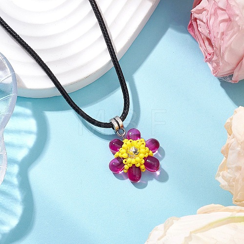 Glass Rhinestone & Glass Seed Beads Beaded Flower Pendant Necklaces NJEW-MZ00078-03-1