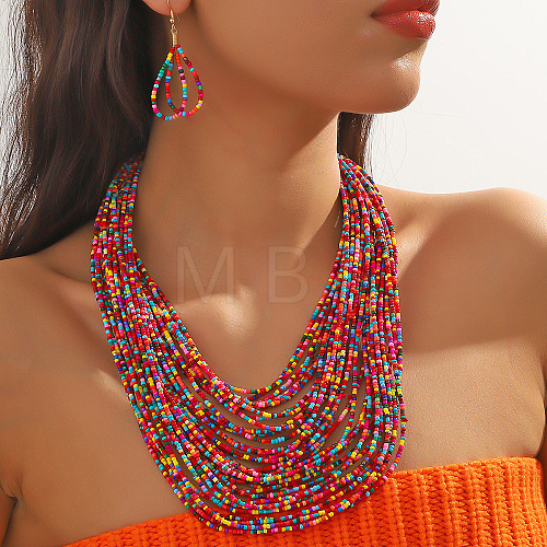 Plastic Seed Beaded Multilayer Necklaces & Teardrop Dangle Earrings Sets WGB34C1-01-1