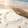 Summer Beach Rainbow Natural Mixed Stone and White Shell Heart Beaded Double Layer Necklaces with Stainless Steel Religion Cross Pendant EX6128-1-3