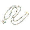 Saint Patrick's Day Natural Flower Amazonite Clover Pendant Round Beaded Necklaces with Brall Heart OT Clasps NJEW-G202-02G-03-4
