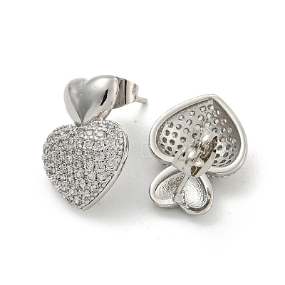 Heart Brass Pave Clear Cubic Zirconia Stud Earrings for Women EJEW-N054-44P-1