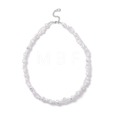 Plastic Imitation Pearl with Cat Eye Round and Nuggets Beaded Necklaces for Women NJEW-JN05714-1