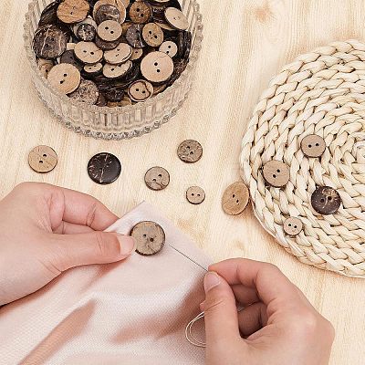 240Pcs 4 Styles 2-Hole Flat Round Coconut Buttons BUTT-CA0001-10-1