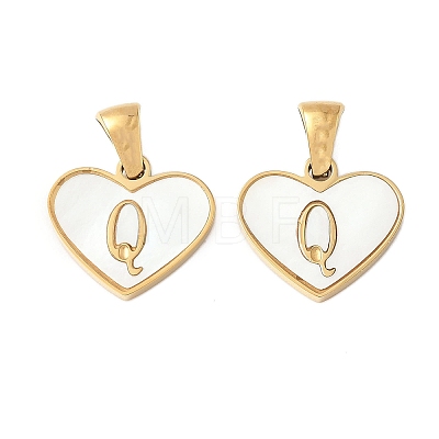 304 Stainless Steel Pave Natural White Shell Heart with Initial Slice Pendants STAS-R168-25G-Q-1