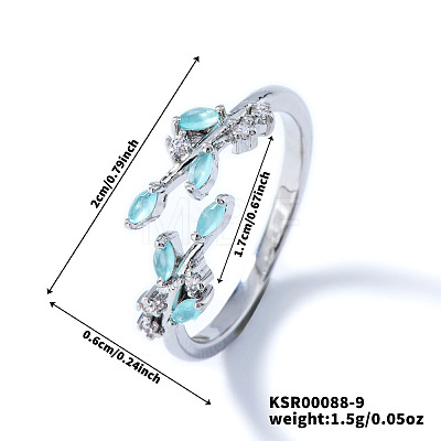 Exquisite Brass Cubic Zirconia Willow Leaf Cuff Rings for Women UN6923-9-1