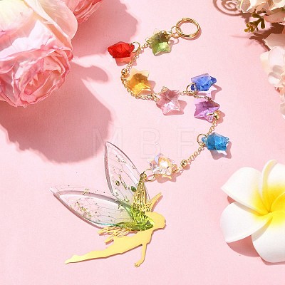 Brass & Transparent Epoxy Resin Fairy Pendant Decoration HJEW-JM02635-01-1