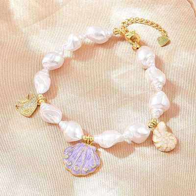 Ocean Brass Micro Pave Clear Cubic Zirconia and Enamel Plum Shell Shape Charm Bracelets for Women KK-CBA68DA-06G-1