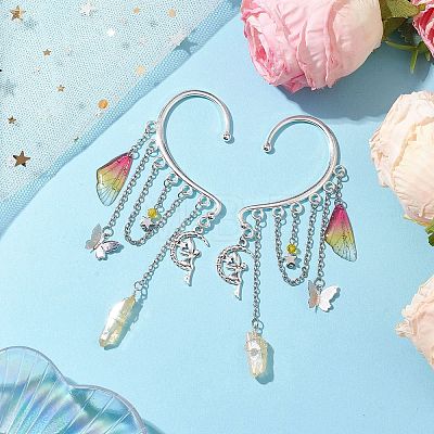 Wing Resin & Natural Quartz Crystal Points Beaded Dangle Earrings EJEW-TA00522-1