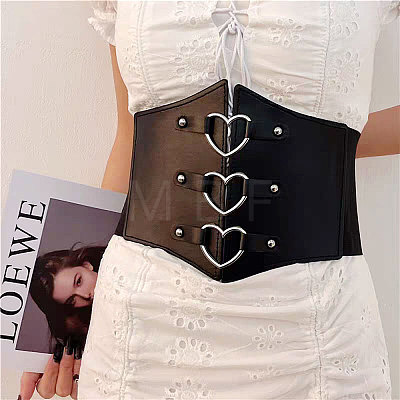 PU Leather Wide Elastic Corset Belt with Alloy Heart Buckle AJEW-WH0007-26-1