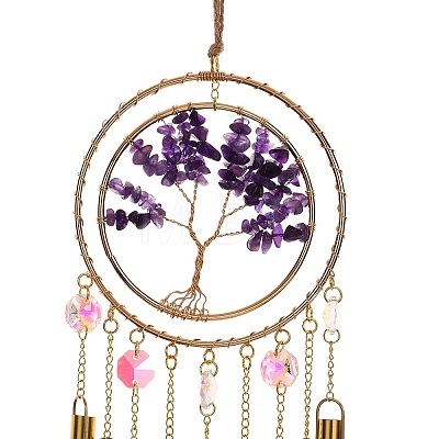 Wire Wrapped Natural Amethyst Chips Tree of Life Wind Chime HJEW-G028-04B-1