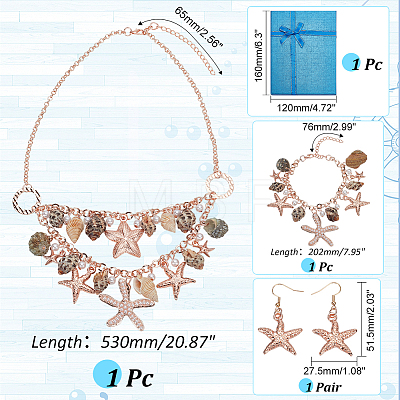   1 Set Iron Starfish & Natural Shell & Plastic Pearl Charm Bracelet & Dangle Earrings & Bib Necklaces Set SJEW-PH0001-15-1