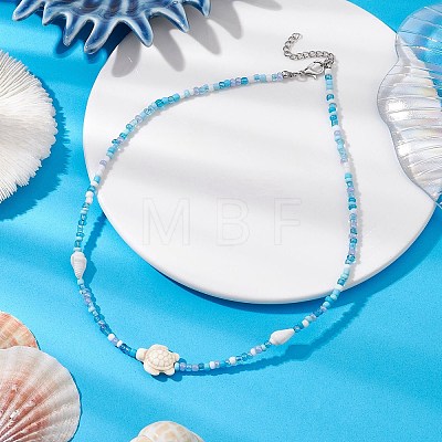 Summer Beach Sea Turtle Dyed Synthetic Turquoise & Glass Seed Beads Beaded Necklaces for Women NJEW-JN05081-02-1