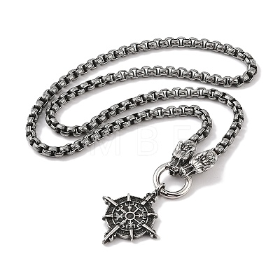 304 Stainless Steel Dragon Head King Box Chain Viking Compass Pendant Necklaces for Men NJEW-K278-09AS-1