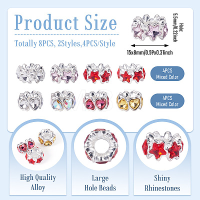 8Pcs 2 Styles Alloy Rhinestone European Beads FIND-TA0010-84-1