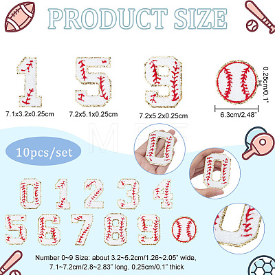  11Pcs Number 0~9 & Flat Tennis Shaped Towel Embroidery Style Cotton Iron on/Sew on Patches DIY-NB0007-60-1