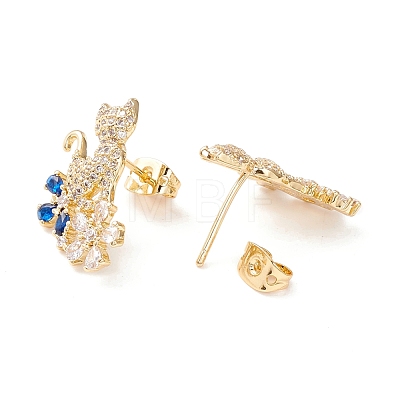Cat and Flower Cubic Zirconia Stud Earrings EJEW-I263-02G-1