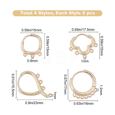 SUNNYCLUE 4 Pairs 4 Styles Brass Huggie Hoop Earring Findings KK-SC0002-05-1
