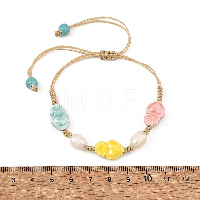 Glazed Porcelain Beads & Natural Cultured Freshwater Pearl Braided Bead Bracelets BJEW-JB14202-02-1