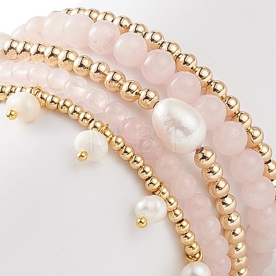 5Pcs 5 Style Natural Rose Quartz & Brass Beaded Stretch Bracelets Set BJEW-JB08870-02-1