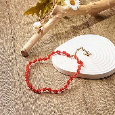 Glass Seed Beaded Flower Necklace with Alloy Enamel Bee Charm NJEW-JN03817-05-1