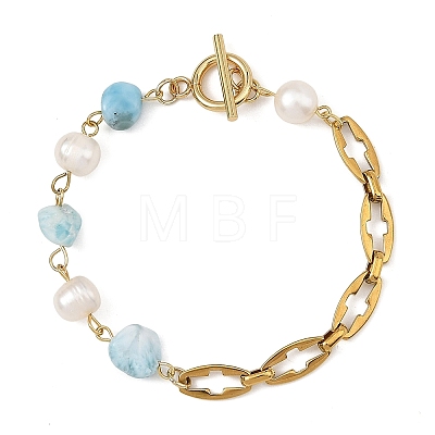 Natural Mixed Gemstone Nuggets and Pearl Beaded Chain Bracelets with 304 Stainless Steel Cross Link Chains and OT Clasps BJEW-JB14436-1