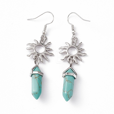 Synthetic Turquoise Bullet with Sun Dangle Earrings EJEW-I276-01P-09-1