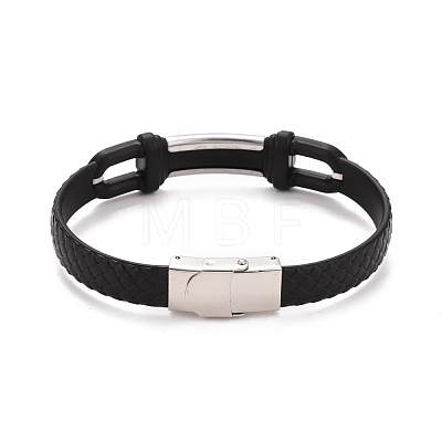 201 Stainless Steel Rectangle Link Bracelet with PU Leather Cord for Men Women BJEW-G649-07P-02-1
