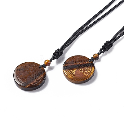 Natural Gemstone Flat Round with Tree of Life Pendant Necklace with Nylon Cord for Women NJEW-P274-03-1