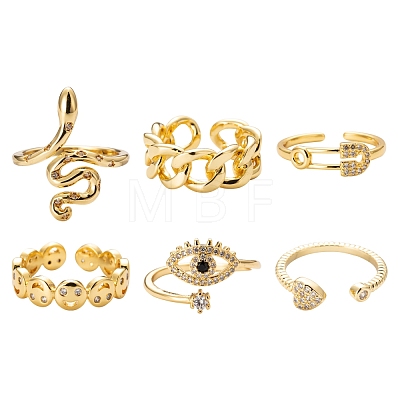 6Pcs 6 Styles Adjustable Brass Micro Pave Clear Cubic Zirconia Cuff Rings RJEW-LS0001-29G-1