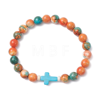 Dyed Synthetic Ocean White Jade & Turquoise Beaded Stretch Bracelets for Men Women BJEW-JB12372-02-1