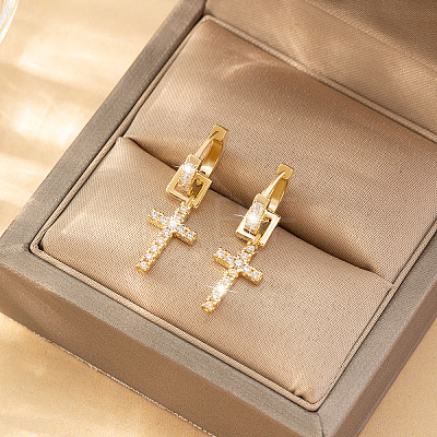 Brass Micro Pave Cubic Zirconia Hoop Dangle Earrings WGB4EB7-01-1