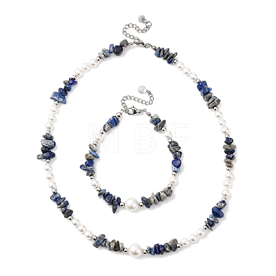 Natural Lapis Lazuli Chip Beads Bracelets & Necklaces Sets SJEW-JS01357-02-1