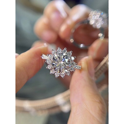 Rhodium Plated 925 Sterling Silver Flower Micro Pave Moissanite Adjustable Rings for Women WG9AA84-05-1