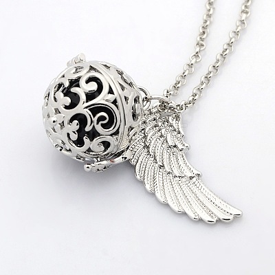 1Strand Trendy Women's Long Rolo Chain Brass Cage with Wings Locket Pendant Necklaces X-NJEW-L083-05-1