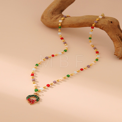 Christmas Alloy & Brass Red and Green Enamel Pendant Colorful Resin Beaded Necklaces for Women FS-WGF8F07-03-1