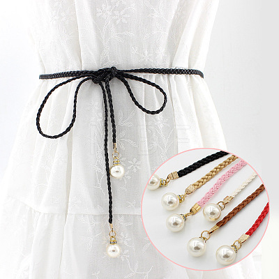 Imitation Leather Braided Belly Belt with Plastic Imitation Pearl Round Bead WG11EBA-03-1