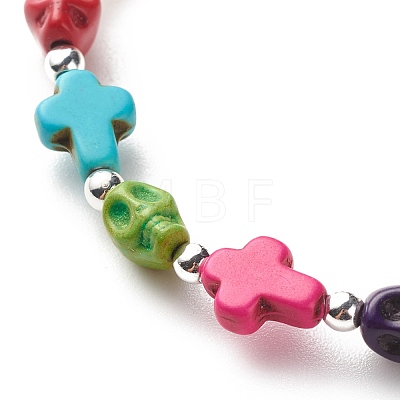 Synthetic Turquoise(Dyed) Cross & Skull Beaded Stretch Bracelet BJEW-JB08451-02-1