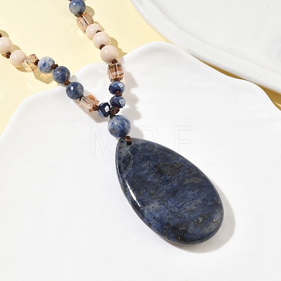 Natural Sodalite Teardrop Pendant Glass Beaded Long Necklaces GG-CBAE048-01B-1