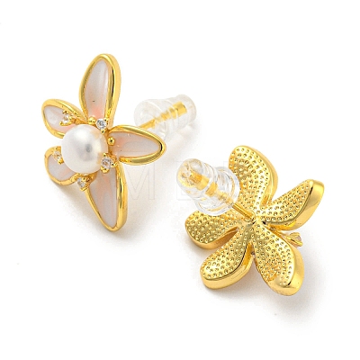Cubic Zirconia Flower Stud Earrings with Natural Pearl EJEW-Z020-06G-1